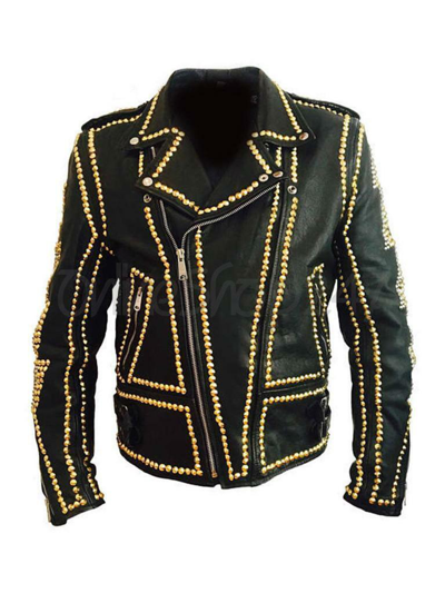 Pre-owned Brando Philip Plein Golden Studded Black Leather Jacket With Skull Back, Luxury