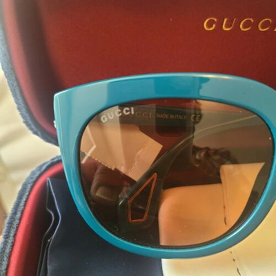 Pre-owned Gucci Gg0468s 57mm Square Sunglasses In Shiny Solid Teal In Brown