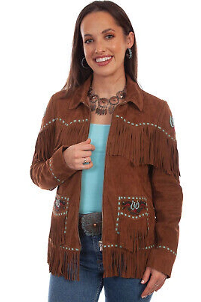 Pre-owned Scully Womens Brown Lamb Suede Leather Pick Stitch Fringe Jacket