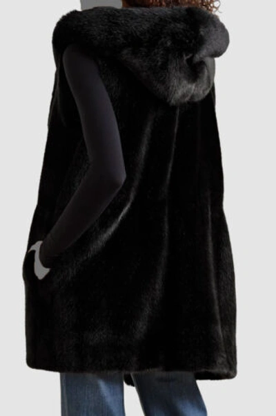 Pre-owned Faz $910  Women's Black Skate Moss Hooded Faux Fur Vest Jacket Size S