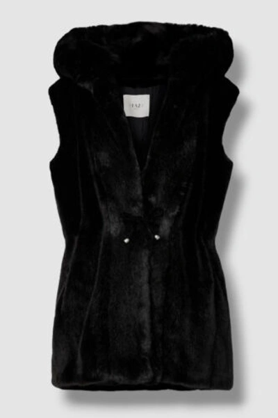 Pre-owned Faz $910  Women's Black Skate Moss Hooded Faux Fur Vest Jacket Size S