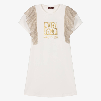 Shop Aigner Teen Girls Ivory & Metallic Gold Cotton Dress