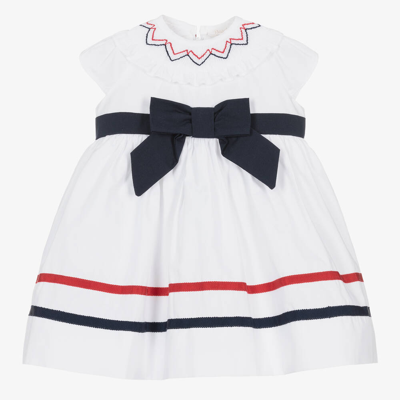 Shop Patachou Girls White & Navy Blue Cotton Dress