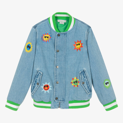 Shop Stella Mccartney Kids Teen Boys Sun Print Denim Bomber Jacket In Blue