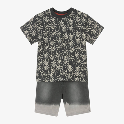 Shop Boboli Boys Grey Cotton Palm Tree Shorts Set