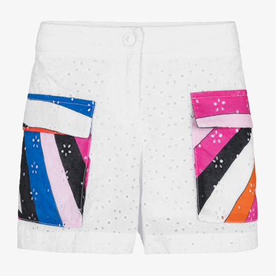 Shop Pucci Girls White Broderie Anglaise Cotton Shorts