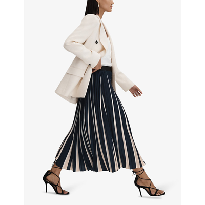 Shop Reiss Saige Stripe-pattern Pleated Woven Midi Skirt In Navy/cream