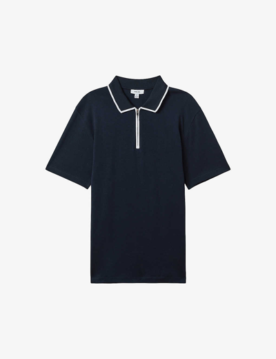 Shop Reiss Men's Navy Cannes Slim-fit Zip-neck Cotton Polo In Blue