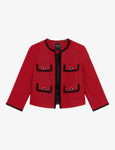 Shop Ted Baker Olivan Open-front Textured Boucle Jacket In Red