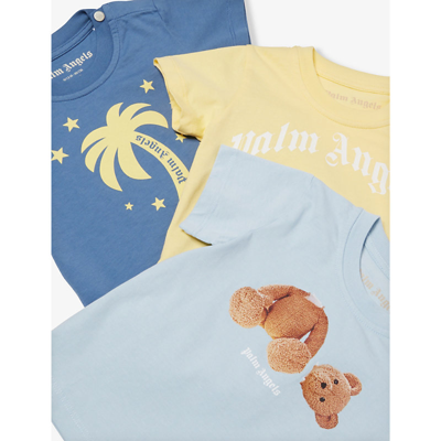 Shop Palm Angels Brand-print Pack Of Three Cotton-jersey T-shirts 3-12 Months In Blue Brown
