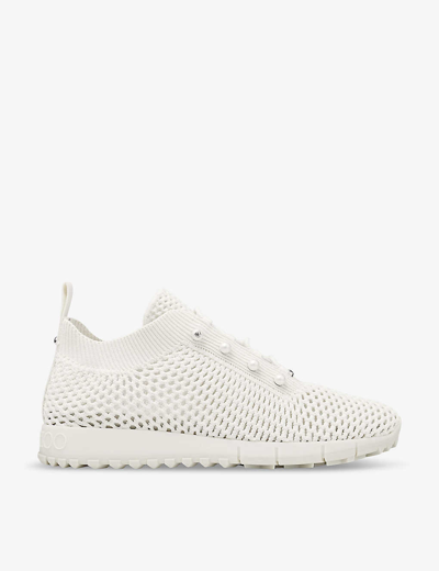 Shop Jimmy Choo Veles Pearl-embellished Knitted Low-top Trainers In White