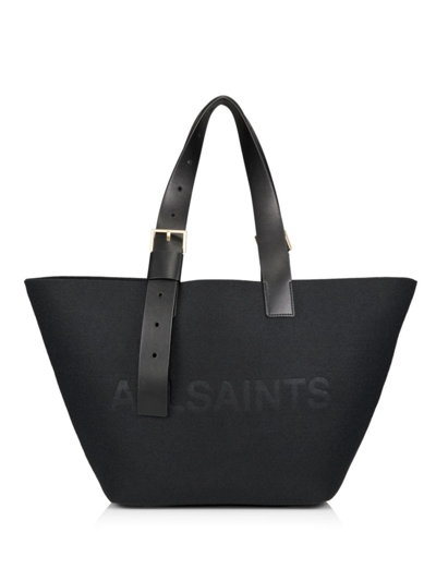 Shop Allsaints Women's Anik Leather-trimmed Logo Felt Tote Bag In Black