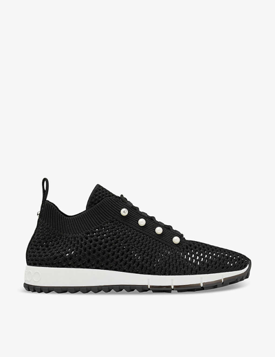 Shop Jimmy Choo Veles Pearl-embellished Knitted Low-top Trainers In X Black Mix