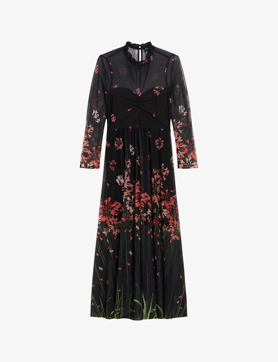 Shop Ted Baker Womens Black Susenaa Ruffle-neck Floral-print Stretch-mesh Midaxi Dress