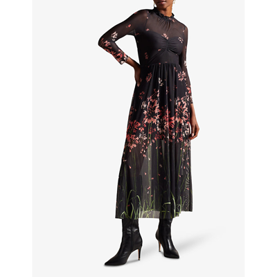 Shop Ted Baker Womens Black Susenaa Ruffle-neck Floral-print Stretch-mesh Midaxi Dress