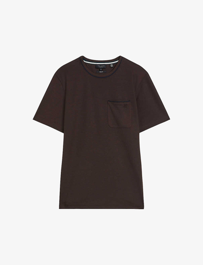 Shop Ted Baker Men's Brn-choc Grine Contrast-trim Woven T-shirt