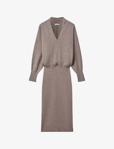 Shop Reiss Women's Neutral Sally V-neck Long-sleeve Wool And Cashmere-blend Midi Dress