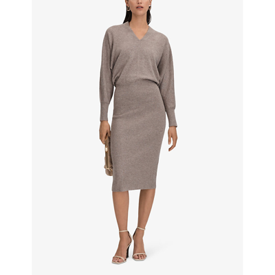 Shop Reiss Womens Neutral Sally V-neck Long-sleeve Wool And Cashmere-blend Midi Dress