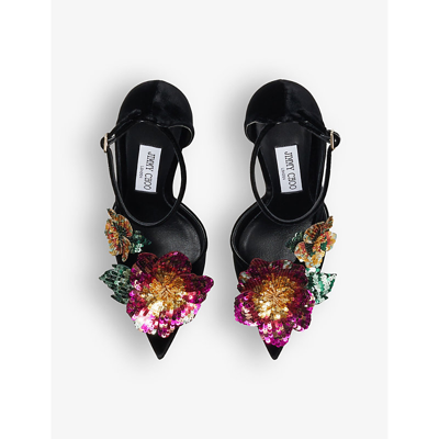 Shop Jimmy Choo Women's Black/multi Azara Flower-embellished Velvet Courts