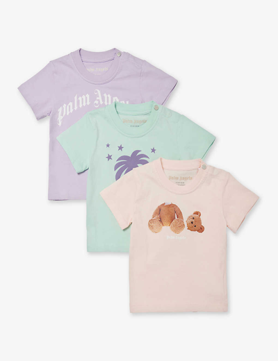 Shop Palm Angels Brand-print Pack Of Three Cotton-jersey T-shirts 3-12 Months In Lilac