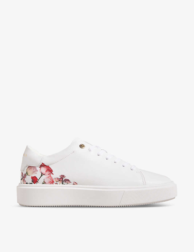 Shop Ted Baker Women's White Lorny Floral-print Platform-sole Leather Low-top Trainers