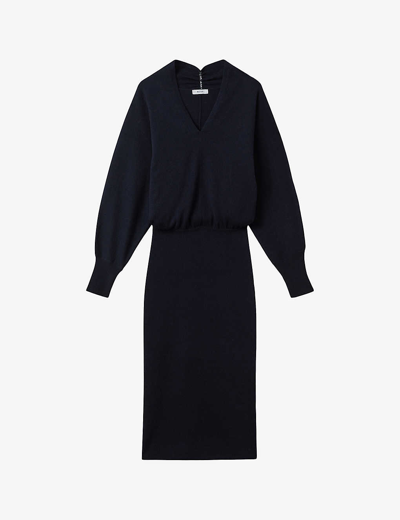 Shop Reiss Womens Navy Sally V-neck Long-sleeve Wool And Cashmere-blend Midi Dress