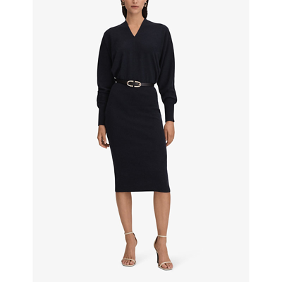 Shop Reiss Women's Navy Sally V-neck Long-sleeve Wool And Cashmere-blend Midi Dress