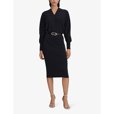Reiss Sally V-neck Long-sleeve Wool And Cashmere-blend Midi Dress In Navy