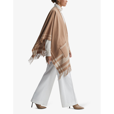 Shop Reiss Women's Camel Catalina Fringed-trim Stripe Wool Cape