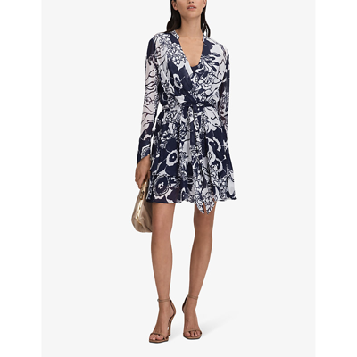 Shop Reiss Women's Navy/cream Sienna Floral-print Long-sleeve Woven Mini Dress