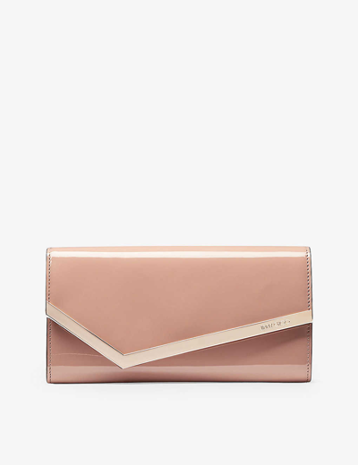 Shop Jimmy Choo Emmie Logo-engraved Patent-leather Clutch In Pink/gold
