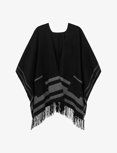 Shop Reiss Women's Black Catalina Fringed-trim Stripe Wool Cape