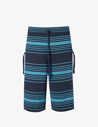 Shop Craig Green Striped Tassel-embellished Cotton-blend Shorts In Navy Mono-stripe