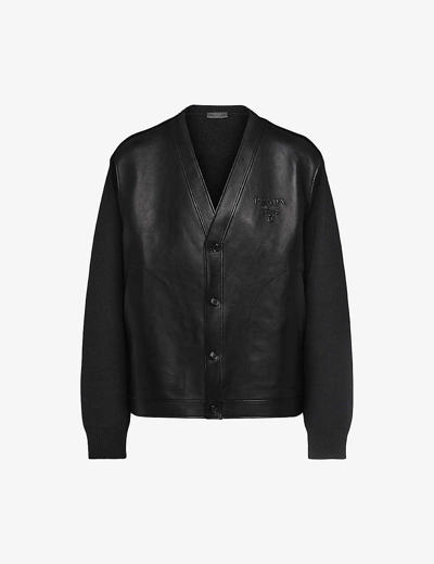 Shop Prada Mens Black Logo-embossed Relaxed-fit Leather And Cashmere Cardigan