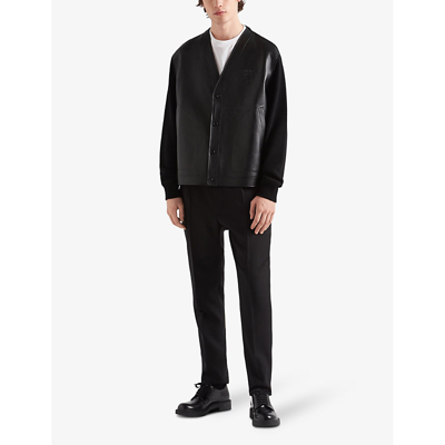 Shop Prada Mens Black Logo-embossed Relaxed-fit Leather And Cashmere Cardigan