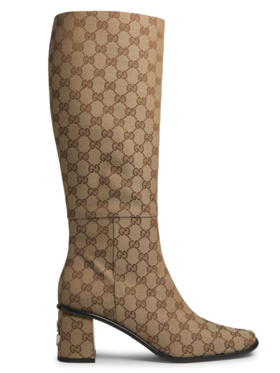 Shop Gucci Women's Onyx 50mm Gg Canvas Knee-high Boots In Beige Ebony