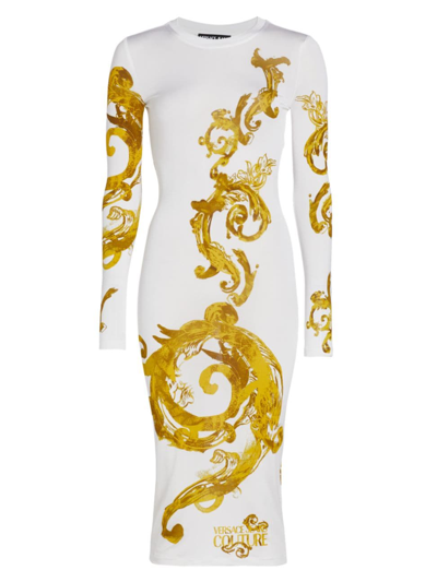 Shop Versace Jeans Couture Women's Barocco-print Jersey Midi-dress In White Gold