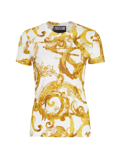 Shop Versace Jeans Couture Women's Watercolor Barocco Cotton T-shirt In White Gold