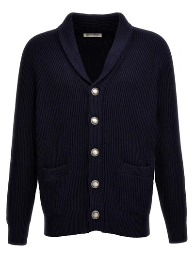 Brunello Cucinelli Shawl-collar Ribbed Cotton Cardigan In Blue