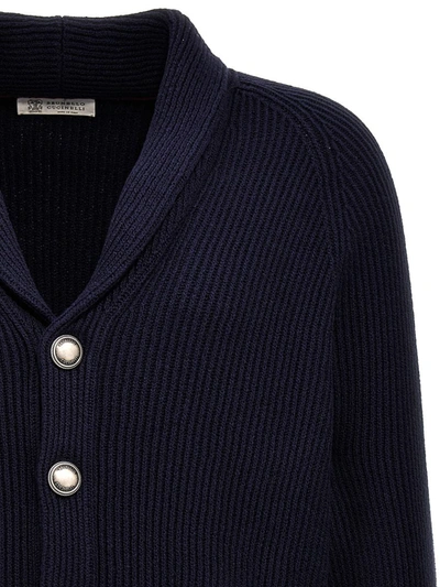 Brunello Cucinelli Shawl-collar Ribbed Cotton Cardigan In Blue