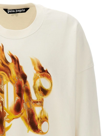 Palm Angels White Crewneck Sweatshirt With Burning Logo Print In Cotton Man In White