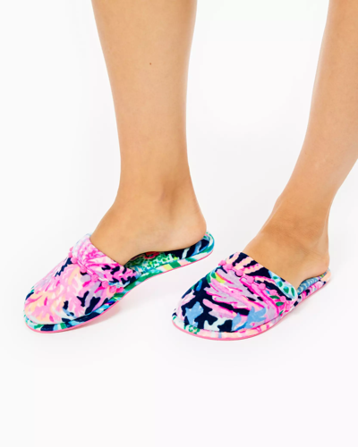 Shop Lilly Pulitzer Clara Velour Slippers In High Tide Navy Bringing Mermaid Back Velour