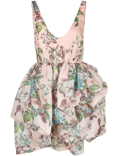 Shop Zimmermann Floral Print Linen And Silk Blend Draped Mini Dress In Pink
