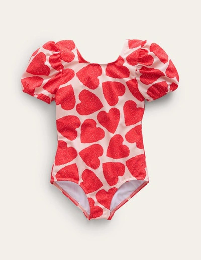 Shop Mini Boden Printed Puff-sleeved Swimsuit Ballet Pink Hearts Girls Boden