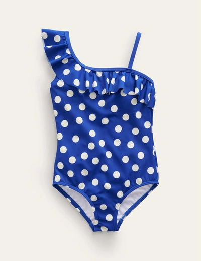 Shop Mini Boden One Shoulder Frill Swimsuit Navy, Ivory Spot Girls Boden