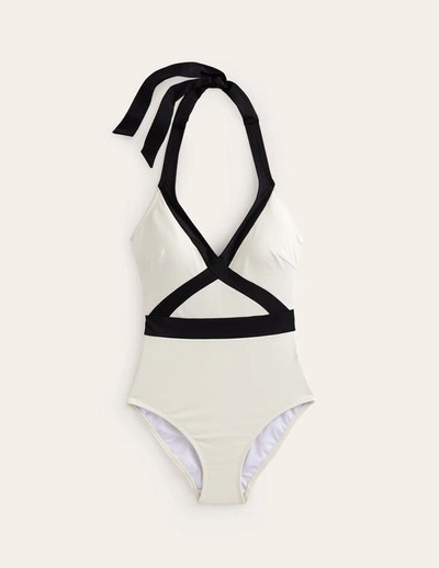 Shop Boden Kefalonia Halterneck Swimsuit Ivory/ Black Colourblock Women