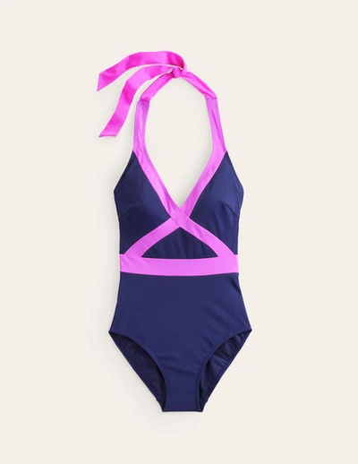 Shop Boden Kefalonia Halterneck Swimsuit Navy/ Amazing Pink Colourblock Women