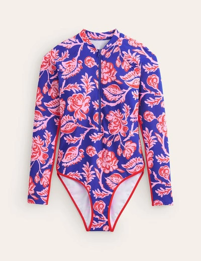 Shop Boden Piped Raglan Sleeve Swimsuit Surf The Web Blue, Rose Blush Women