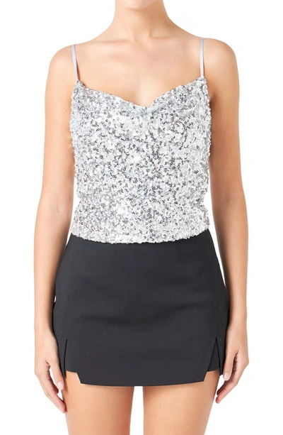 Shop Endless Rose Cowl Neck Sequin Camisole In Silver