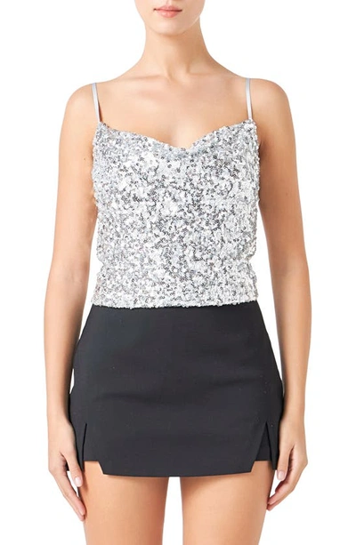 Shop Endless Rose Cowl Neck Sequin Camisole In Silver